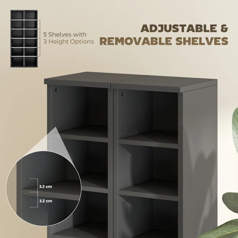 Black media shelf tower with adjustable shelves and removable shelf supports