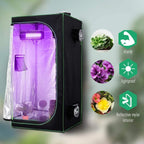 Grow tent with purple-lit grow area, reflective lining, and side ventilation window
