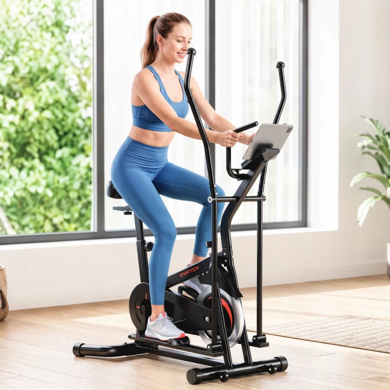 Black 2-in-1 elliptical cross trainer with console and upright seated cycling posture