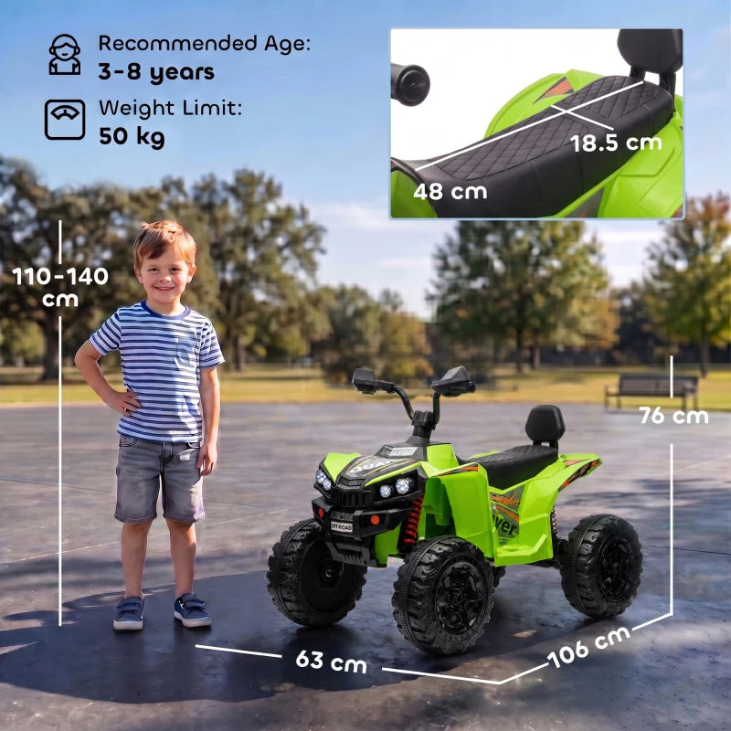 Green kids electric quad bike with front lights and seat, shown with size guides