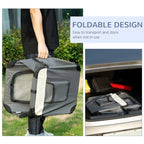 Grey foldable pet carrier with cushion, shown folded for compact storage
