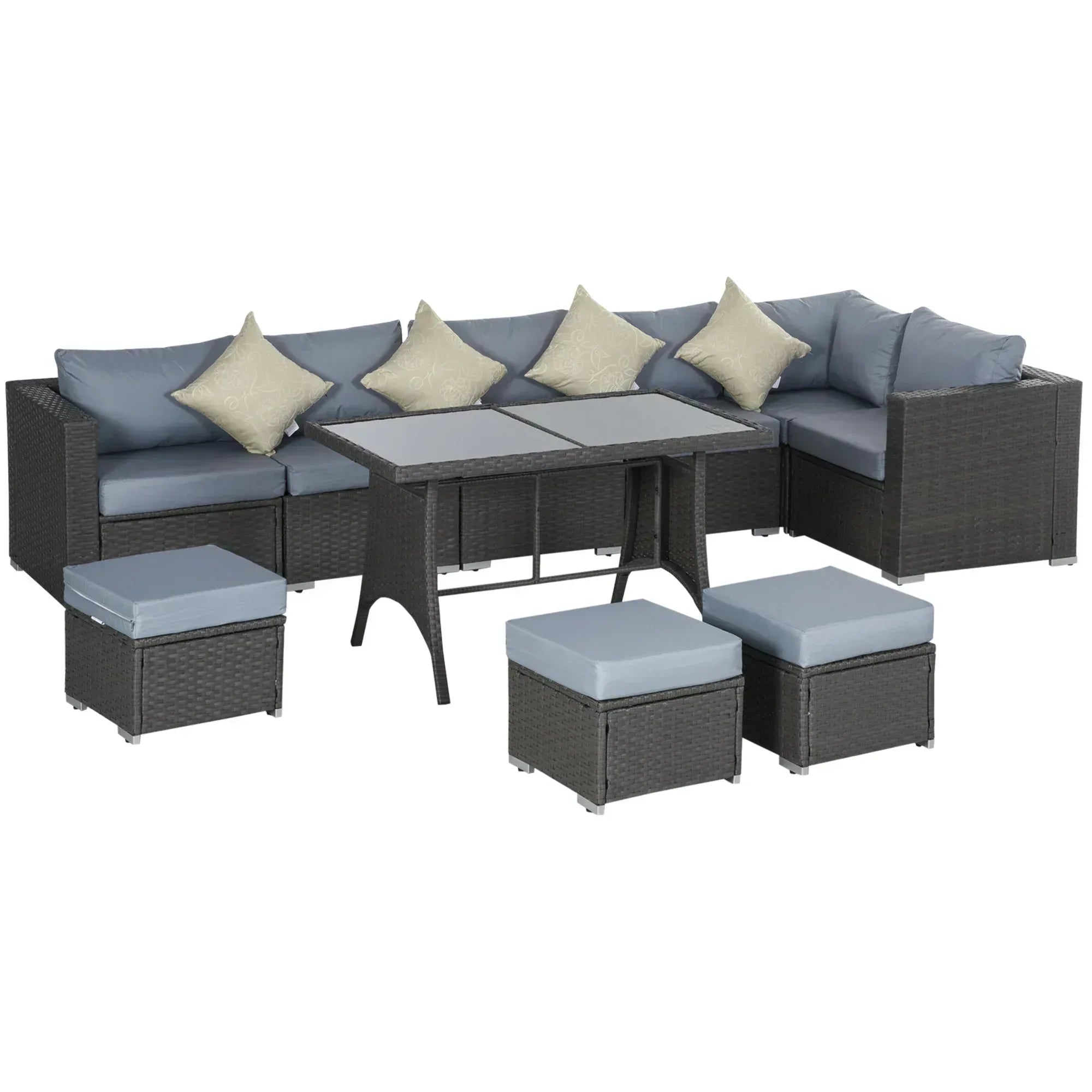 9-Seater Garden Rattan Furniture 10 Pcs Rattan Corner Dining Sofa Set, Grey/Dusty Blue Cushion - Bobobiy