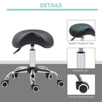 Black saddle stool with hydraulic bar, sturdy chrome base, and caster wheels