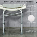 White shower stool with removable padded cushion, drainage hole, and non-slip suction feet