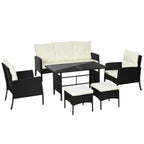 Rattan outdoor furniture set with black frame, cream cushions, glass-top table and stools