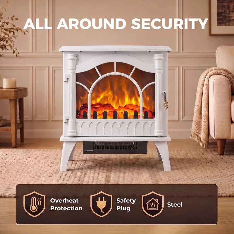 White freestanding electric fireplace stove with 3-sided glass and sturdy metal legs