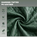 Close-up of green diamond-tufted faux leather upholstery with quilted texture