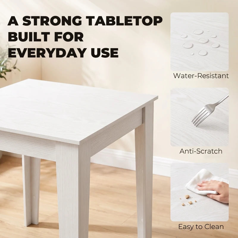 White square tabletop dining table with anti-scratch, water-resistant surface.