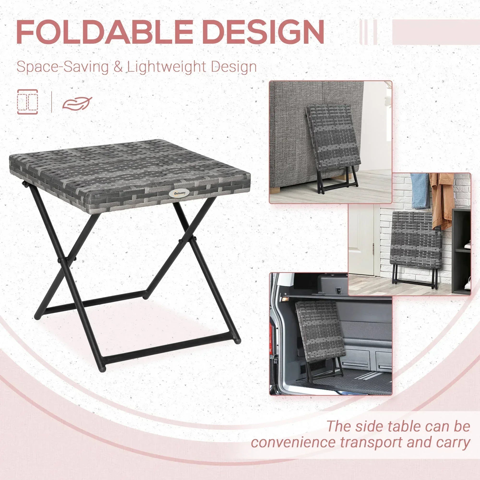 Square PE Wicker Rattan Folding Table,Weather Resistant Wicker Weave Side Table with Steel Frame, Grey - Bobobiy