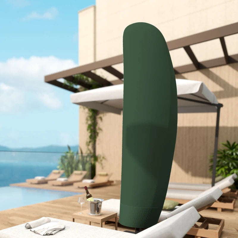 Green cantilever umbrella cover draped over umbrella stand for poolside patio