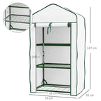 White three-tier mini greenhouse with green frame and three shelves, shown with dimensions
