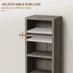 Dark wood-effect CD storage unit with adjustable internal shelves and open cubbies.