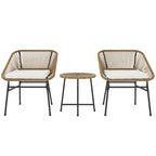 Rattan bistro set with two woven armchairs and round side table, natural tan cushions