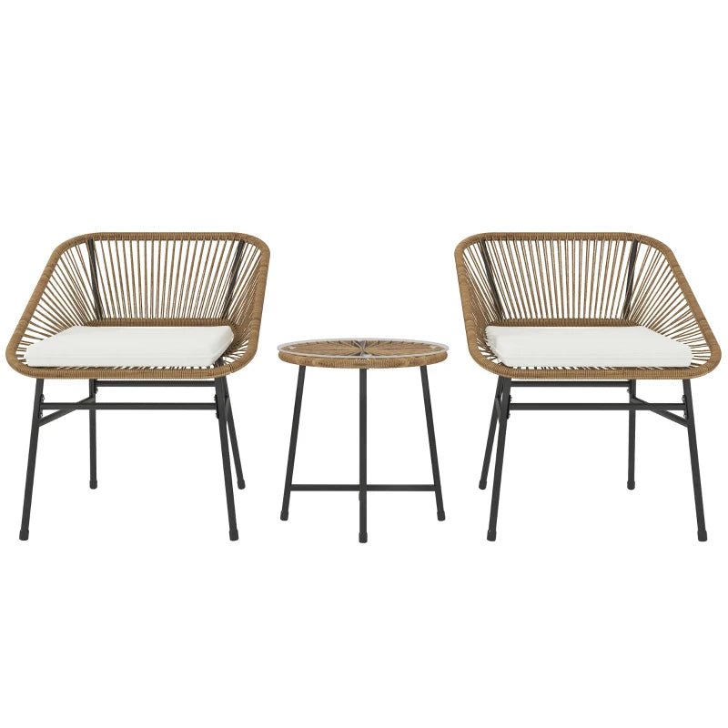 Rattan bistro set with two woven armchairs and round side table, natural tan cushions