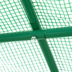 Green polytunnel greenhouse frame corner joint with netting mesh