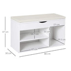White shoe cabinet bench with open storage shelves and hinged door