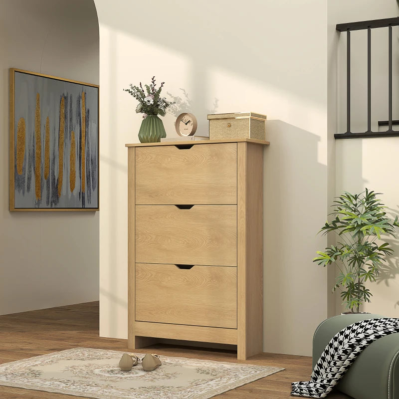 Natural wood slim shoe cabinet with 3 drawers and open top storage shelves