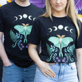 Black unisex t-shirt with luna moth and floral front print