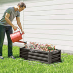 Dark grey steel planter box with open bottom design, shown with size markings