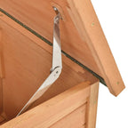 Wooden hutch roof support bar with metal latch on open panel