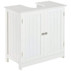 White under-sink bathroom storage cabinet with two door panels and metal knobs