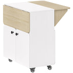 White folding dining table with drop leaves and hidden cabinet, on caster wheels