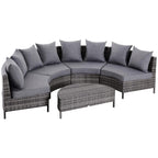 Grey half-round rattan sectional garden sofa set with thick cushions and matching coffee table