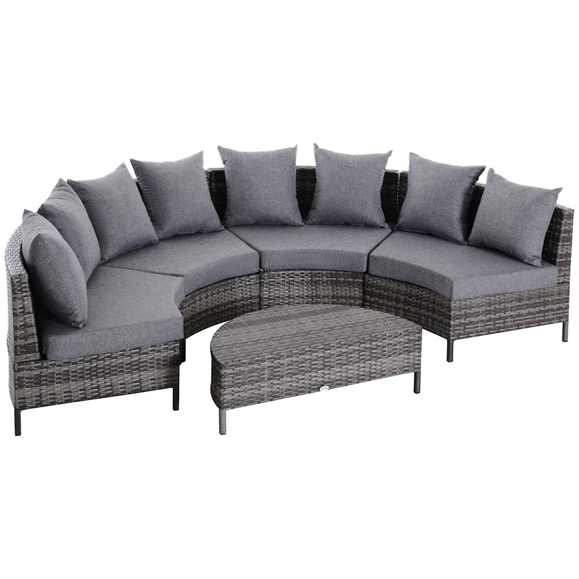 5 Pieces Rattan Garden Furniture Set, 4 Seater Half-Round Garden Sofa Set with Thickened Cushions, Wicker Conservatory Furniture with 4 Chairs, Rattan Coffee Table and Pillows, Grey - Bobobiy