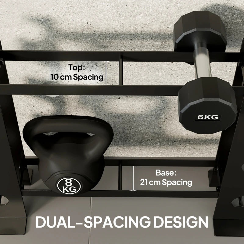 Black dumbbell rack close-up with top and base bars showing spacing between tiers