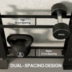 Black dumbbell rack close-up with top and base bars showing spacing between tiers