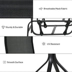 Black outdoor gliding chair with breathable mesh back and curved arm frame detail