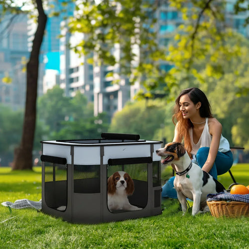 Portable foldable dog pen with mesh panels and carry cover, grey and black with pets