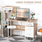 Oak and white computer desk with open shelf, CPU stand, and two storage drawers