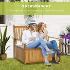 Natural wood two-seater storage bench with slatted backrest and hidden storage compartment