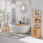 Natural wood slatted 2-tier shower bench with four legs, bathroom storage stool.