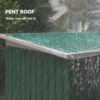 Pent roof metal shed corner with green panels and drainage protection
