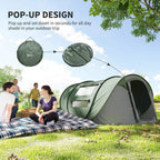 Dark green pop-up camping tent with front door open and compact carry form shown