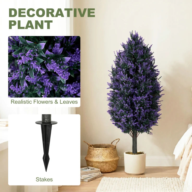 Artificial lavender plant with dense purple flowers and leaves, in pot with stakes