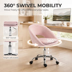 Pink velvet office chair with 360-degree swivel and height-adjustable chrome base