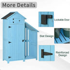Blue wooden garden shed with lockable door and reinforced hinge hardware