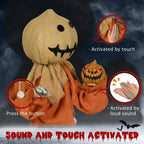 Halloween scarecrow decoration doll with beige hood and glowing jack-o-lantern lantern