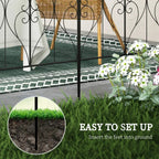 Black metal fence panel stakes for easy setup, with heart-arch scrollwork section