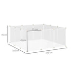 White plastic pet playpen with labeled dimensions and 12 connected panels, open enclosure
