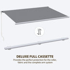 Grey full-cassette retractable awning with crank arm and extended fabric canopy