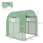 Green walk-in polytunnel greenhouse with size dimensions and two front doors