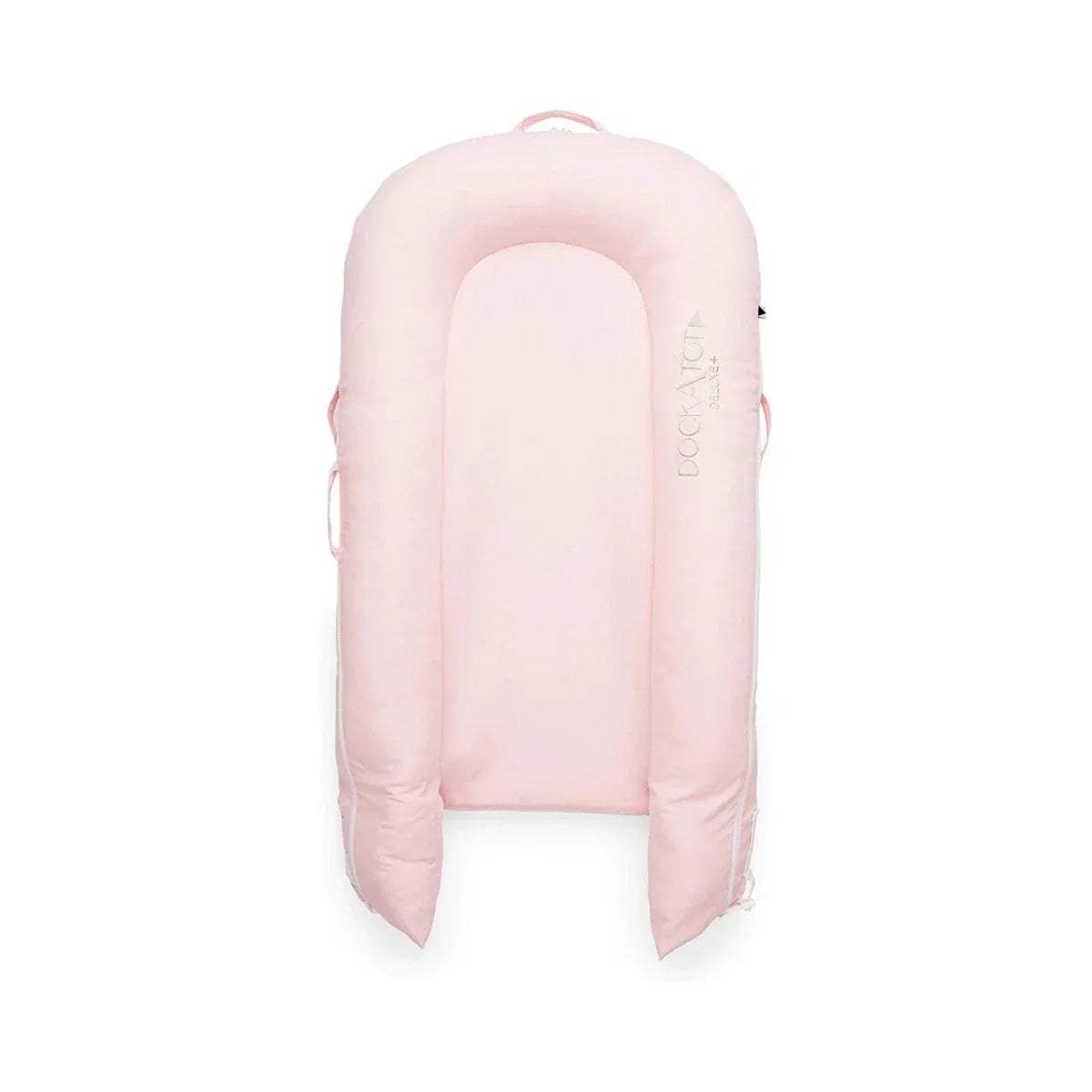 Pink infant dock bassinet with U-shaped inner support and side tie straps