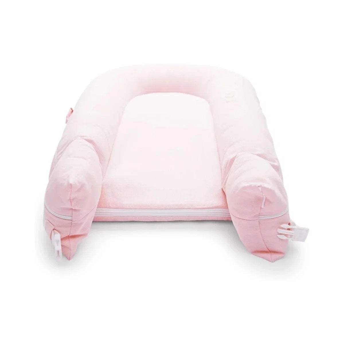Pink cushioned infant dock with curved side bolsters and open front rim