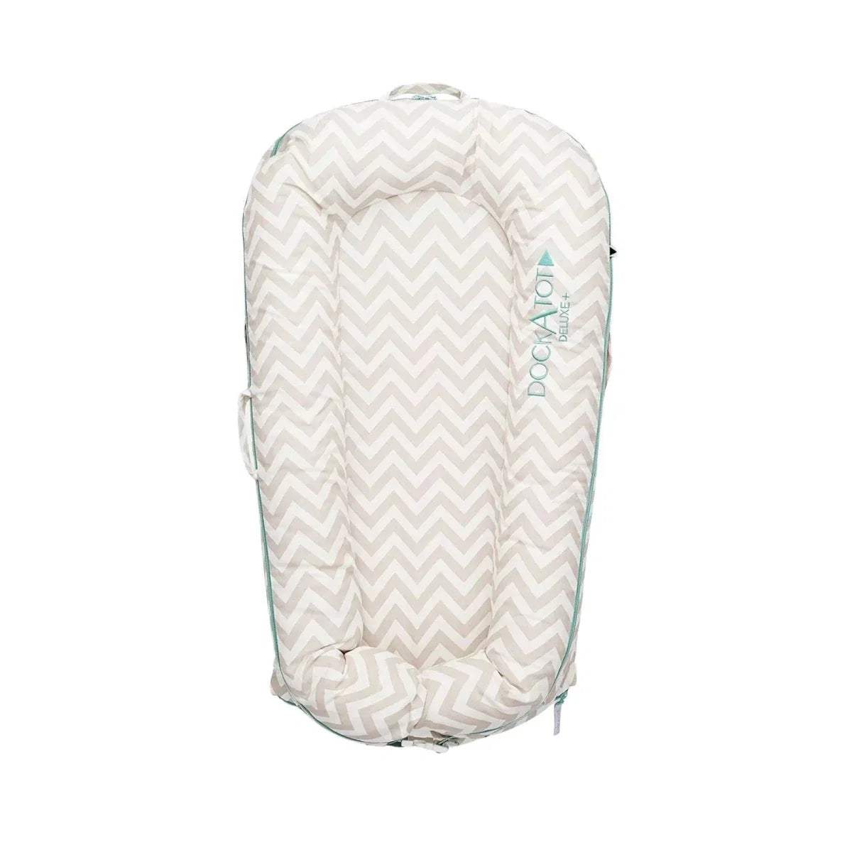 Baby lounger dock cover with light chevron pattern, teal zipper trim