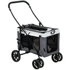 Foldable grey dog stroller with mesh carrier panels and padded seat