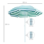 Green and white striped tilt beach parasol with visible size markers